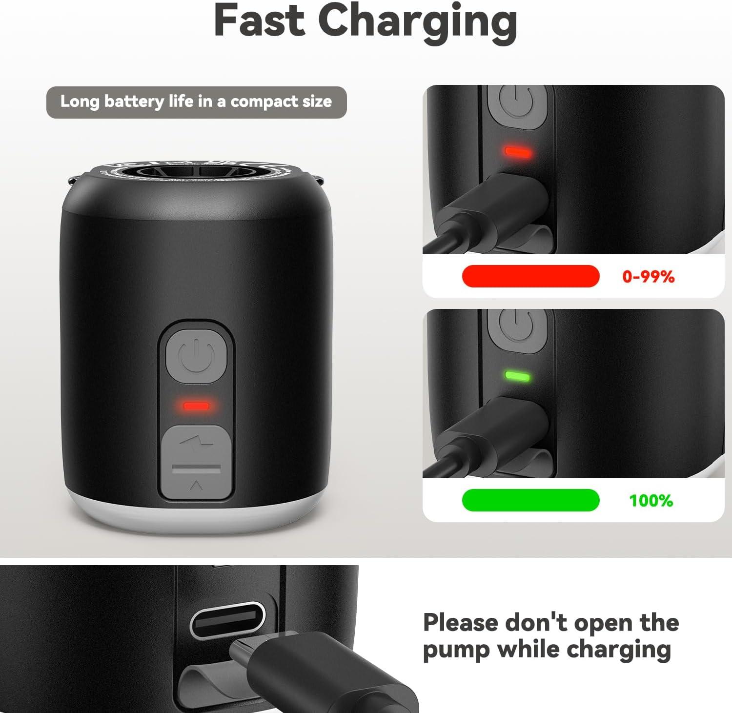 image:imageSportneer Mini Air Pump 1600mAh Rechargeable Air Pump for Inflatables with Hook Magnetic and Light Function Air Mattress Pump for Pool Floats Sleeping Pads Swimming Ring Vacuum Storage BagsBlack