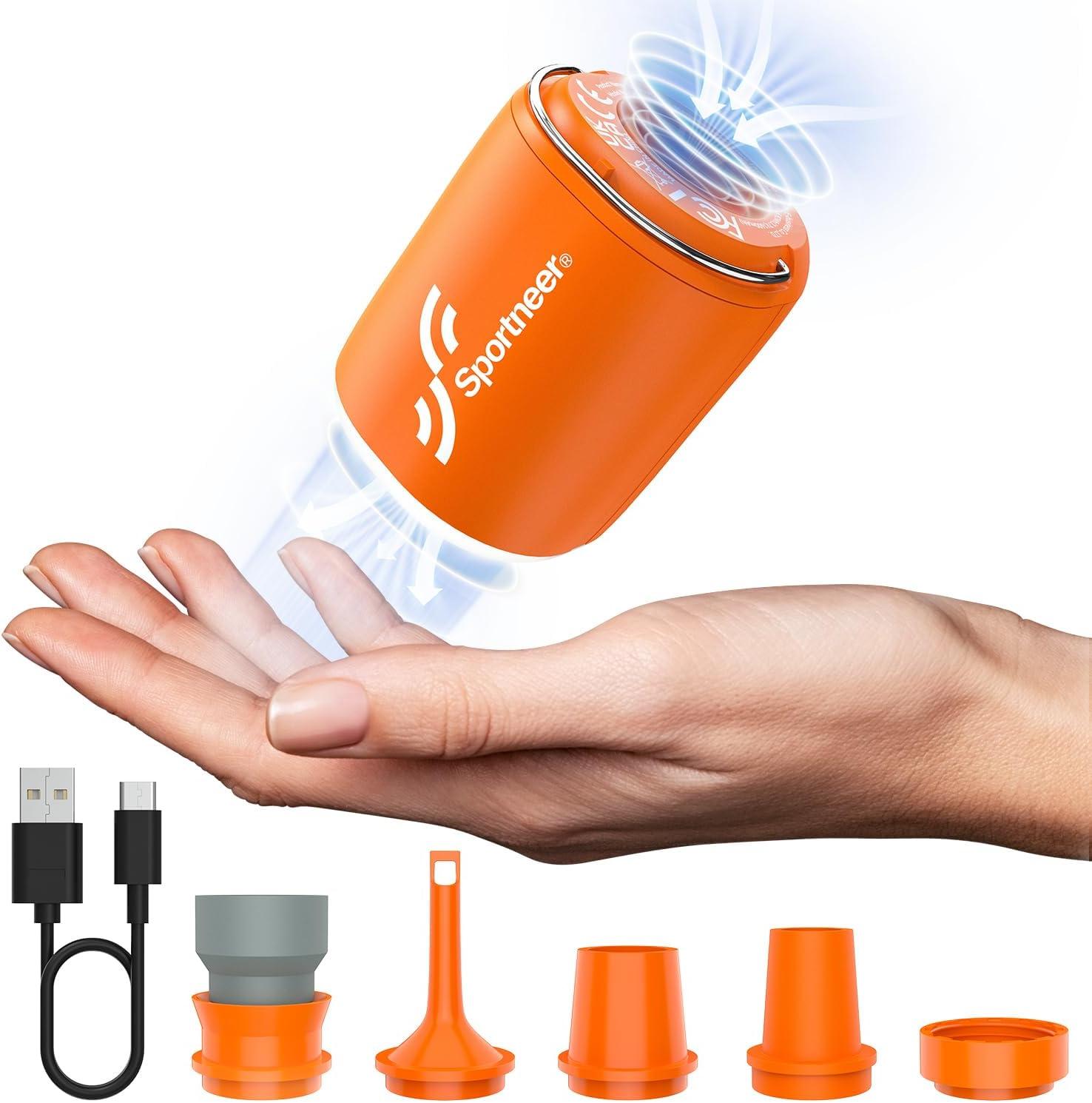 image:imageSportneer Mini Air Pump 1600mAh Rechargeable Air Pump for Inflatables with Hook Magnetic and Light Function Air Mattress Pump for Pool Floats Sleeping Pads Swimming Ring Vacuum Storage BagsOrange