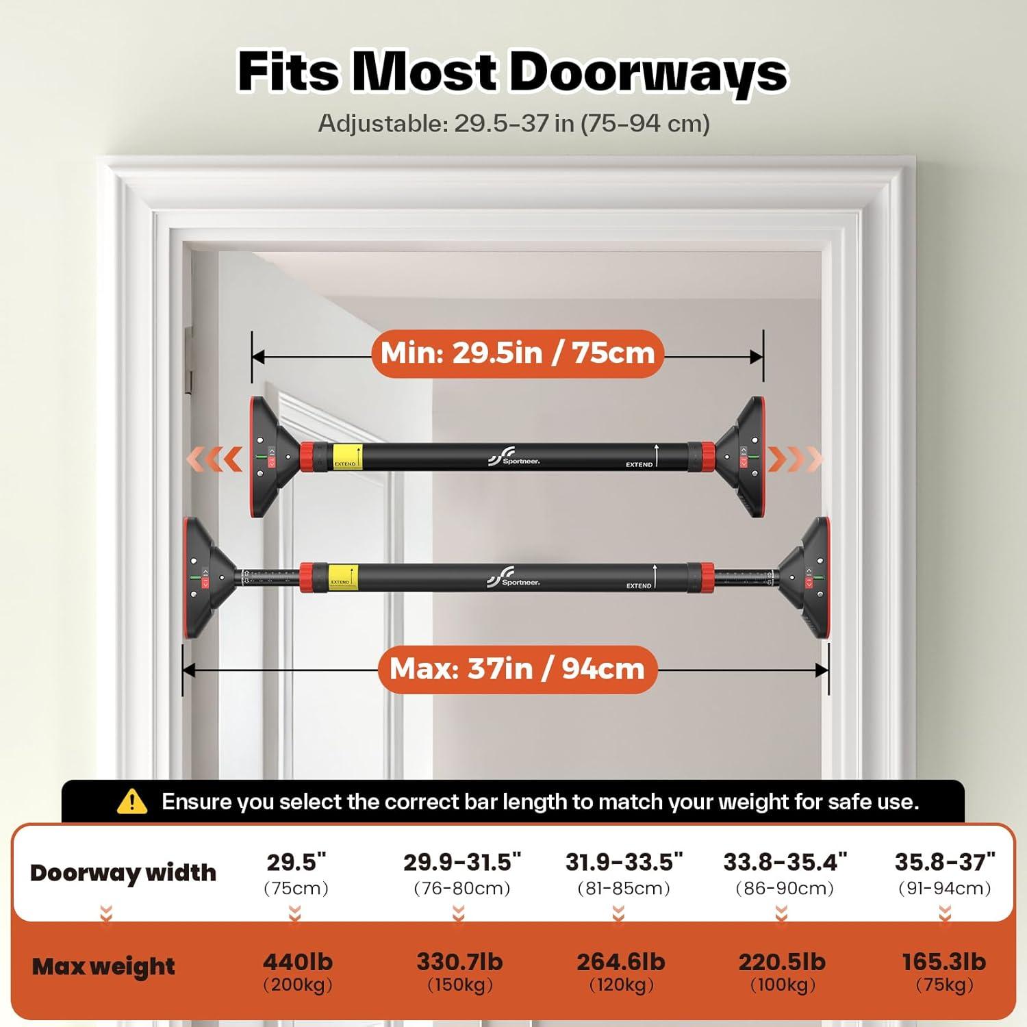 image:imageSportneer Pull Up Bar Doorway Chin Up Bar No Screws Door Frame Chin Up Push Up Sit Up Bar Adjustable 7594cm 295in37in Up to 200kg Capacity Workout Bar