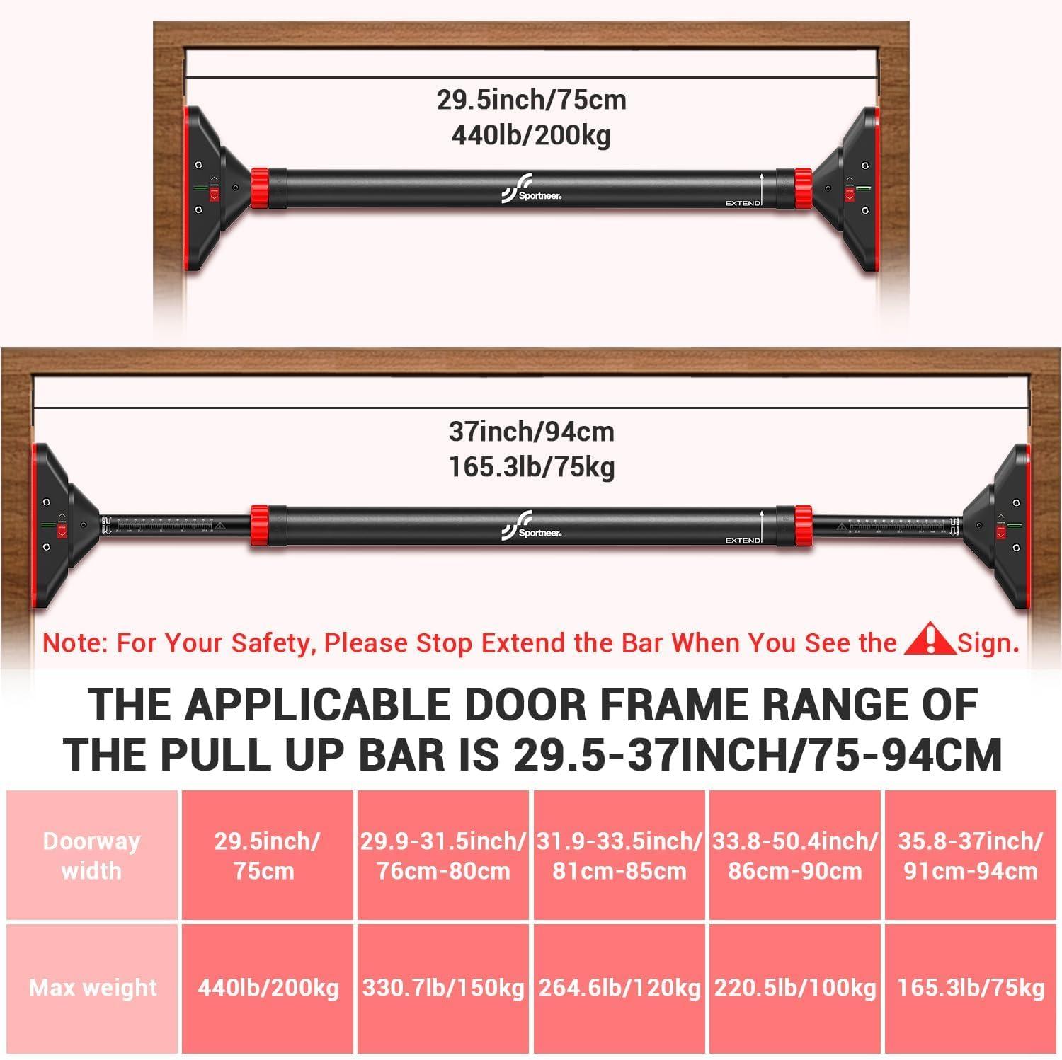 image:imageSportneer Pull Up Bar Strength Training Pullup Bars without Screw Adjustable Width Locking Mechanism Chin Up Bar Thickened Steel Max Limit 440 lbs Upper Body Fitness Pullup Bars for Home