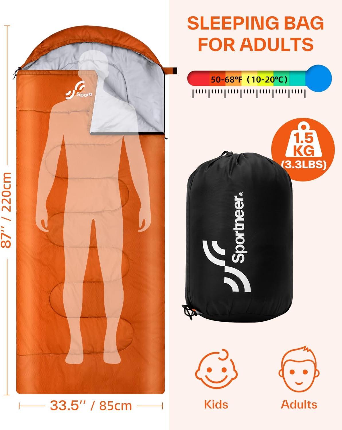 image:imageSportneer Sleeping Bag 3 Seasons Warm Cold Weather Sleeping Bags for Adults Kids Boys Girls with Compression Sack Lightweight Camping Essentials Gear Accessories Backpacking HikingOrange
