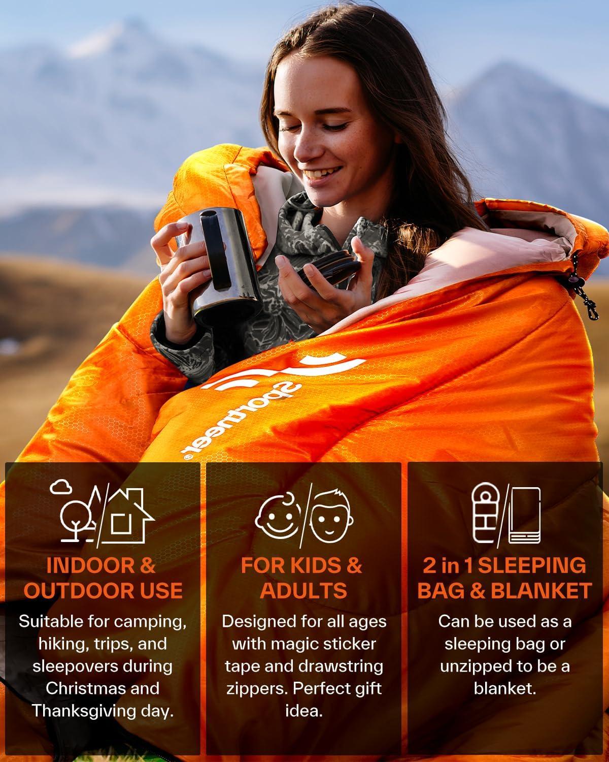 image:imageSportneer Sleeping Bag 3 Seasons Warm Cold Weather Sleeping Bags for Adults Kids Boys Girls with Compression Sack Lightweight Camping Essentials Gear Accessories Backpacking HikingOrange