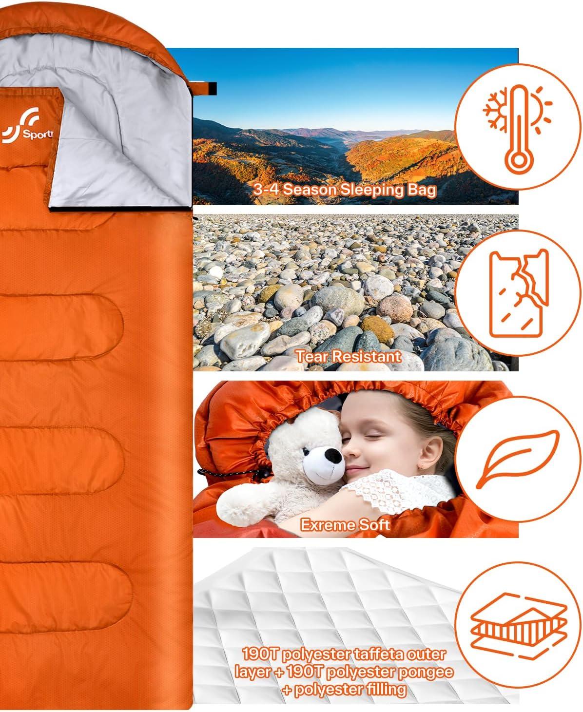image:imageSportneer Sleeping Bag 3 Seasons Warm Cold Weather Sleeping Bags for Adults Kids Boys Girls with Compression Sack Lightweight Camping Essentials Gear Accessories Backpacking HikingOrange
