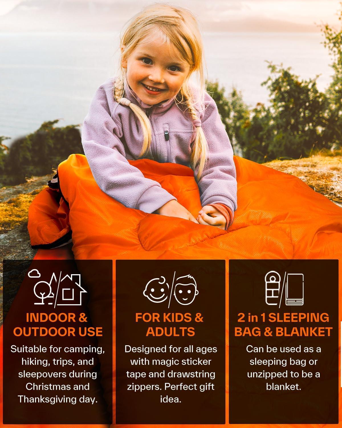 image:imageSportneer Sleeping Bag 3 Seasons Warm Cold Weather Sleeping Bags for Adults Kids Boys Girls with Compression Sack Lightweight Camping Essentials Gear Accessories Backpacking HikingOrange