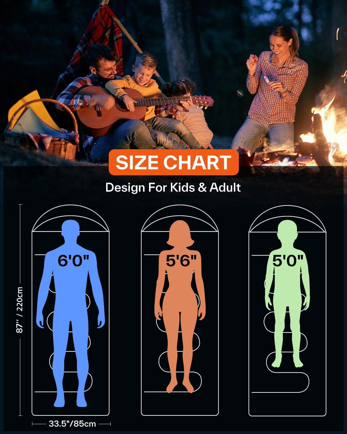image:imageSportneer Sleeping Bag 3 Seasons Warm Cold Weather Sleeping Bags for Adults Kids Boys Girls with Compression Sack Lightweight Camping Essentials Gear Accessories Backpacking HikingOrange