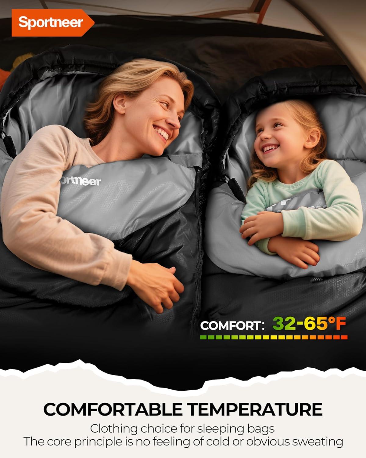 image:imageSportneer Sleeping Bag for Adults amp Kids Cold Weather amp Warm Waterproof Camping Sleeping Bag Compact Portable for Camping Hiking amp TravelBlack Light Gray