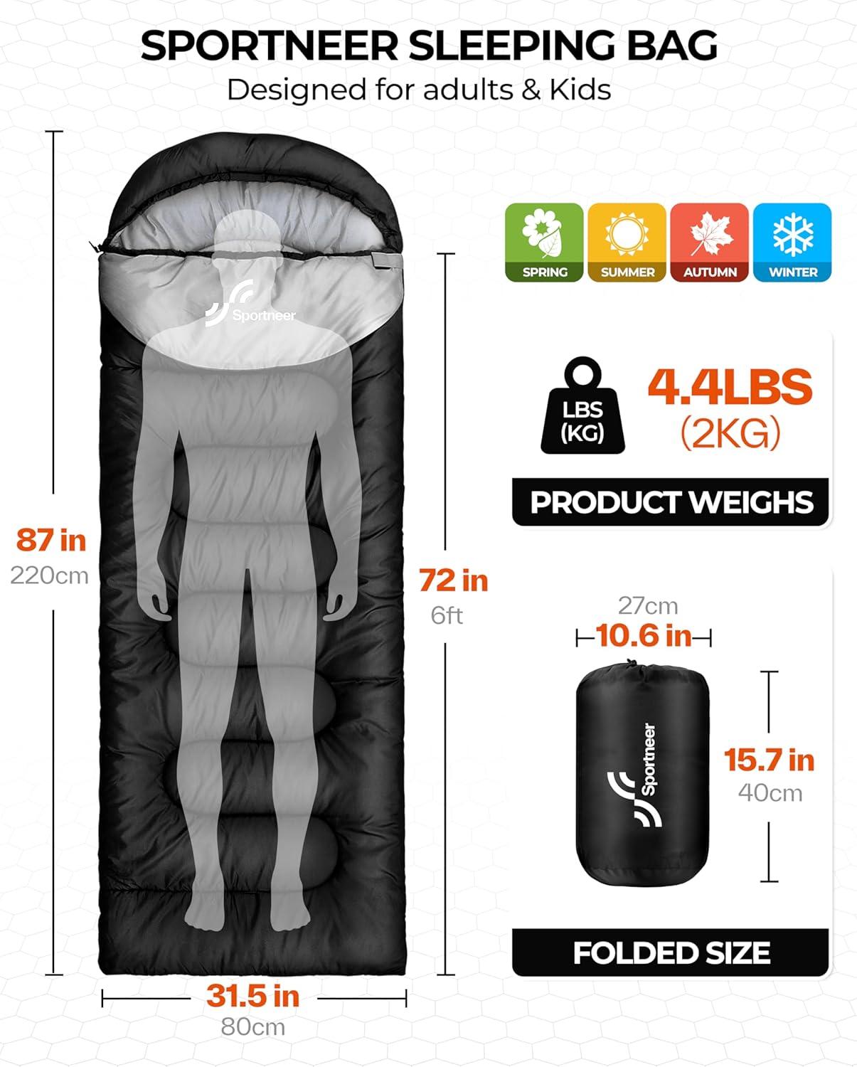 image:imageSportneer Sleeping Bag for Adults amp Kids Cold Weather amp Warm Waterproof Camping Sleeping Bag Compact Portable for Camping Hiking amp TravelBlack Light Gray
