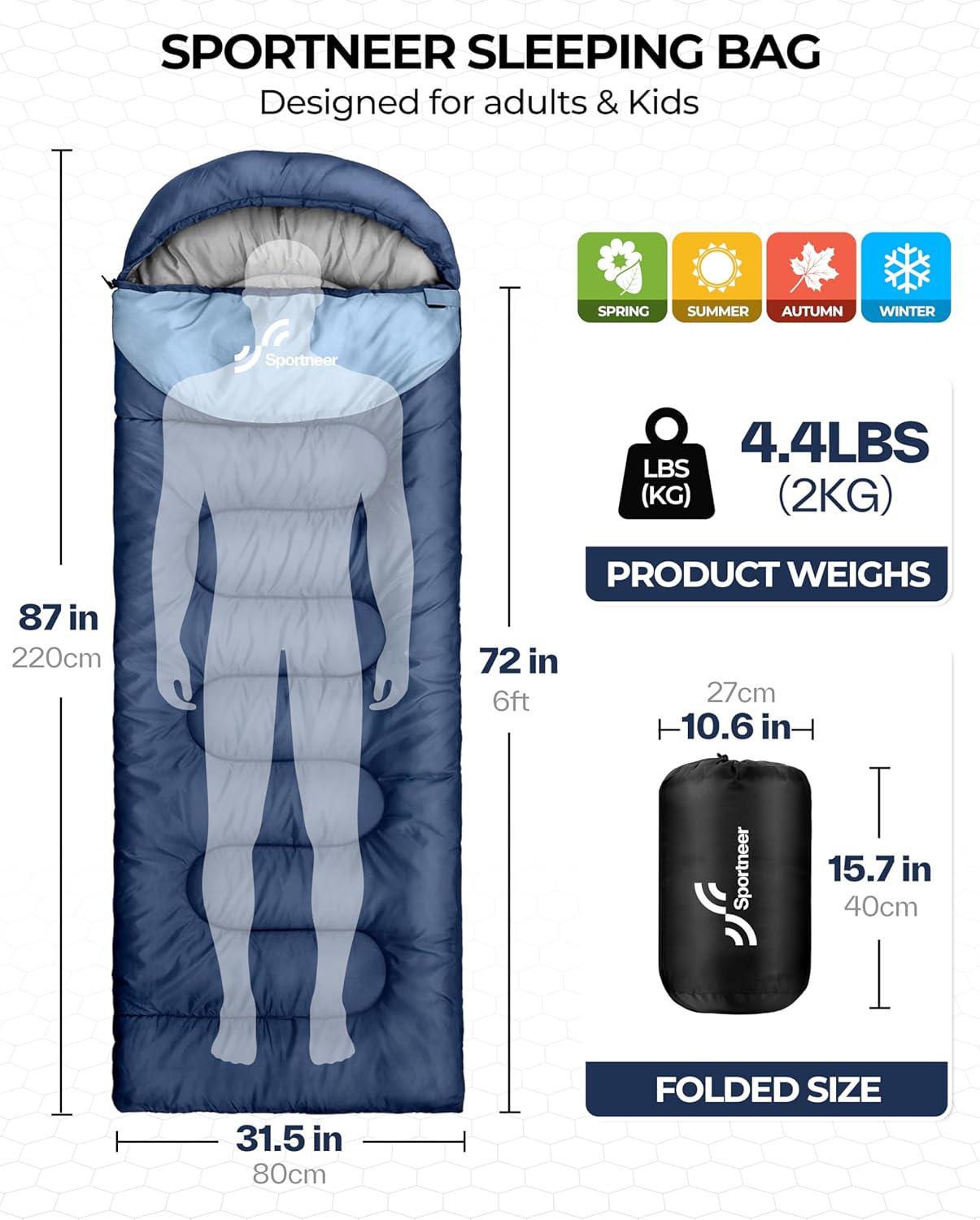 image:imageSportneer Sleeping Bag for Adults amp Kids Cold Weather amp Warm Waterproof Camping Sleeping Bag Compact Portable for Camping Hiking amp TravelDark Blue Light Blue
