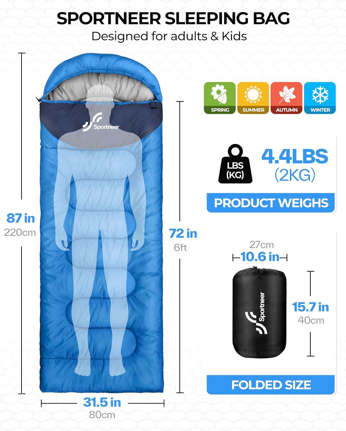 image:imageSportneer Sleeping Bag for Adults amp Kids Cold Weather amp Warm Waterproof Camping Sleeping Bag Compact Portable for Camping Hiking amp TravelLight Blue Dark Blue