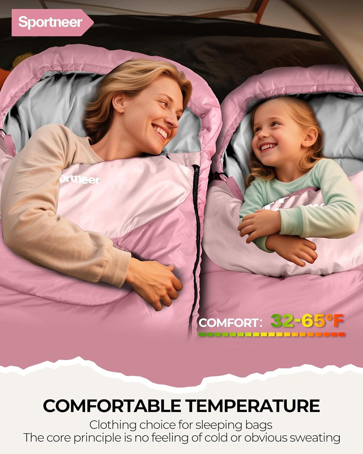 image:imageSportneer Sleeping Bag for Adults amp Kids Cold Weather amp Warm Waterproof Camping Sleeping Bag Compact Portable for Camping Hiking amp TravelPink Light Pink