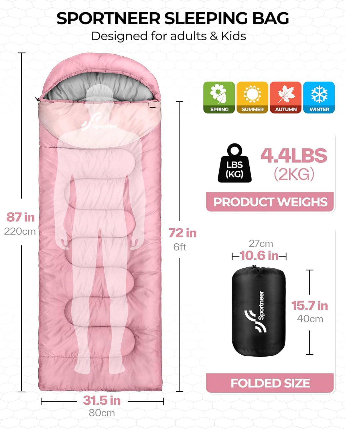 image:imageSportneer Sleeping Bag for Adults amp Kids Cold Weather amp Warm Waterproof Camping Sleeping Bag Compact Portable for Camping Hiking amp TravelPink Light Pink