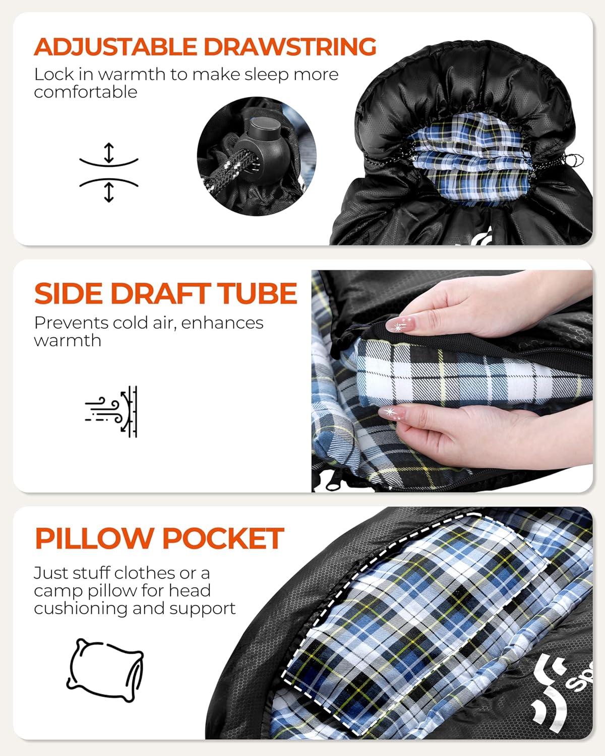 image:imageSportneer Sleeping Bags for Adults 0 Degree Sleeping Bag XL Flannel Winter Cold Weather Sleeping Bag with Detachable Hood Compression Sack for Camping Backpacking HikingBlack