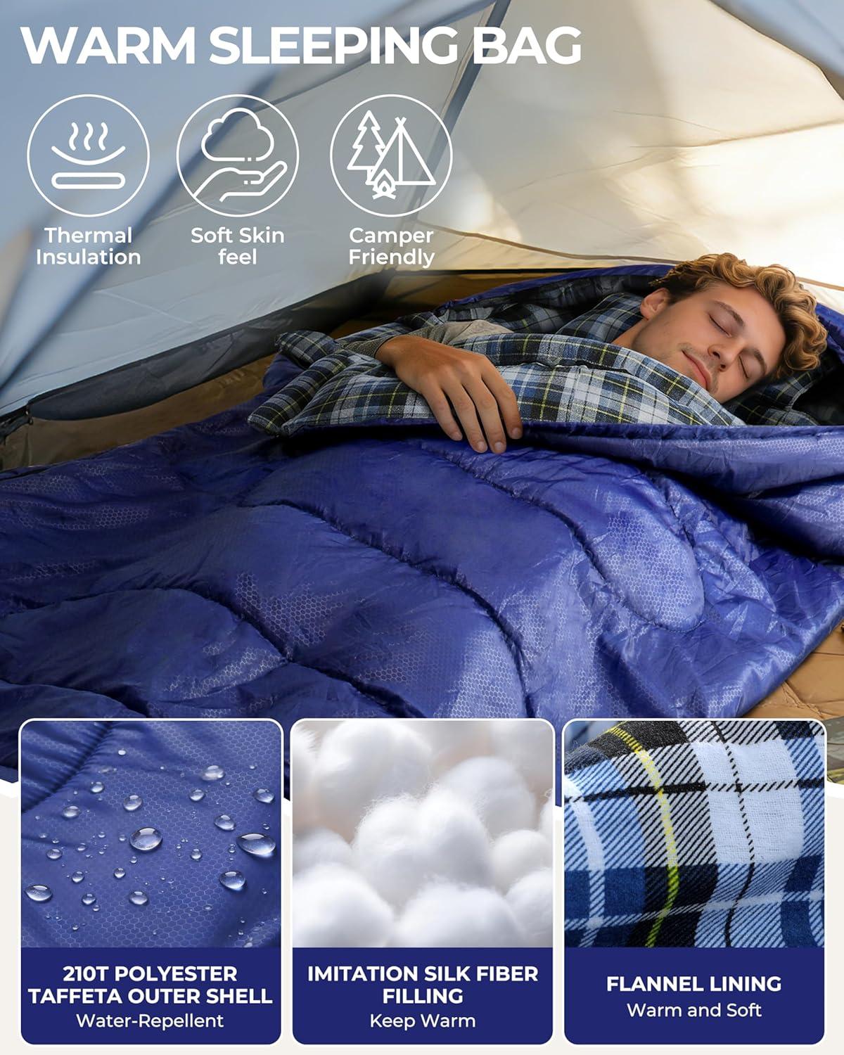 image:imageSportneer Sleeping Bags for Adults 0 Degree Sleeping Bag XL Flannel Winter Cold Weather Sleeping Bag with Detachable Hood Compression Sack for Camping Backpacking HikingBlue