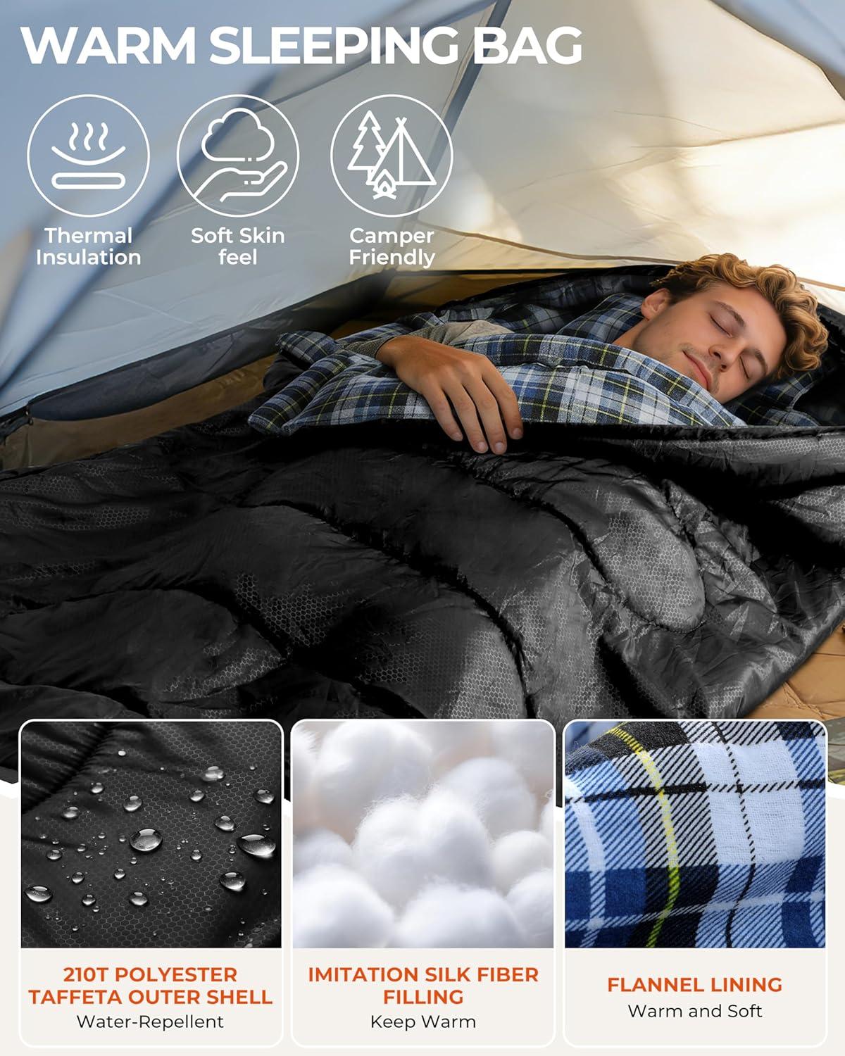 image:imageSportneer Sleeping Bags for Adults 0 Degree Sleeping Bag XL Flannel Winter Cold Weather Sleeping Bag with Detachable Hood Compression Sack for Camping Backpacking HikingBlack