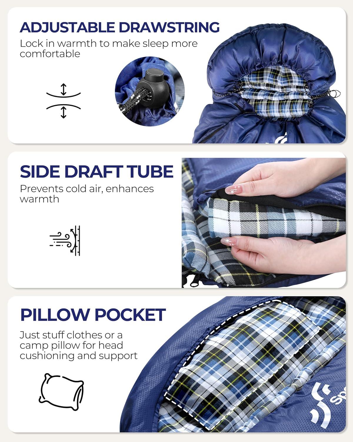image:imageSportneer Sleeping Bags for Adults 0 Degree Sleeping Bag XL Flannel Winter Cold Weather Sleeping Bag with Detachable Hood Compression Sack for Camping Backpacking HikingBlue