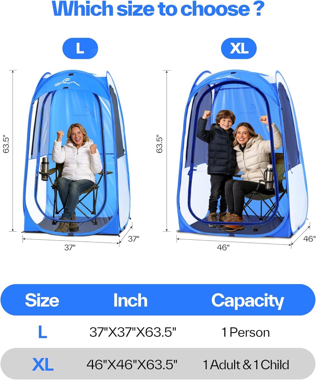 image:imageSportneer XL Pop Up Sports Tent 46 L x 46 W x 635 H Clear TPU Outdoor Shelter for 1 Adult amp 1 Child AllWeather Warm Bubble Pod with Instant Setup Wind amp Rain Protection for SpectatorsBlue