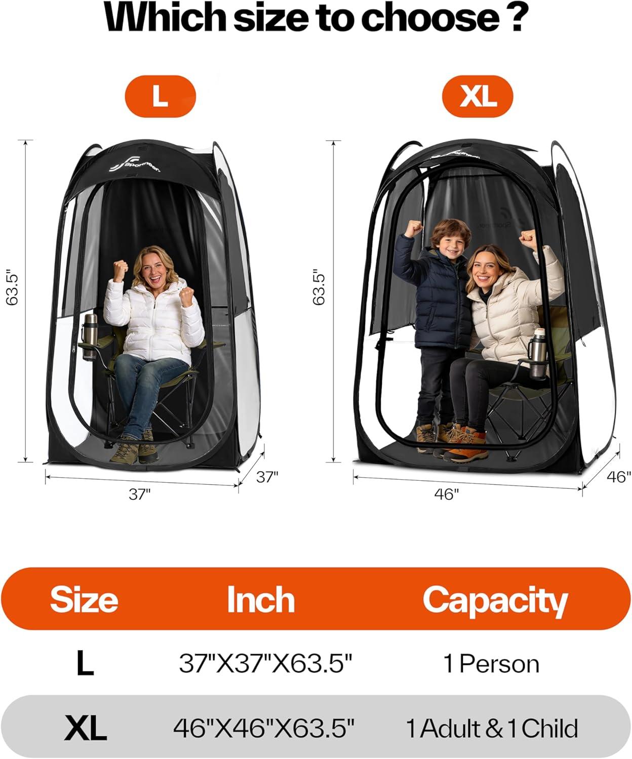image:imageSportneer XL Pop Up Sports Tent 46 L x 46 W x 635 H Clear TPU Outdoor Shelter for 1 Adult amp 1 Child AllWeather Warm Bubble Pod with Instant Setup Wind amp Rain Protection for Spectatorsblack