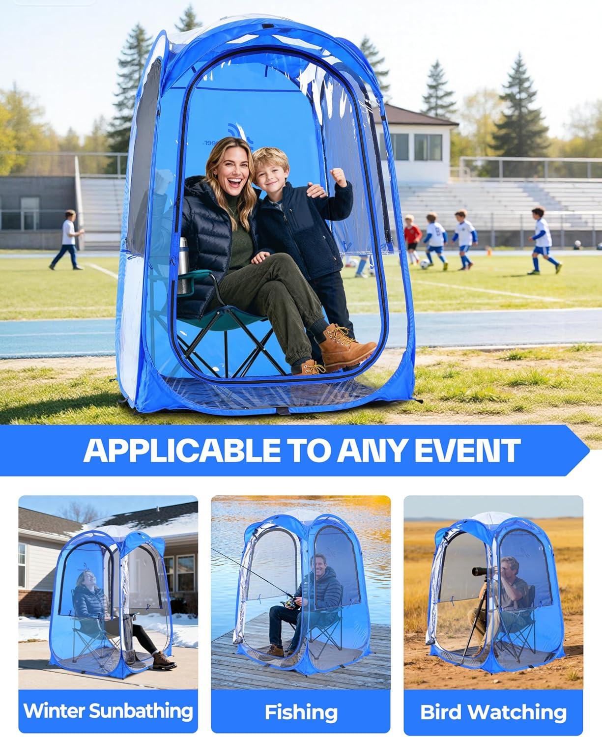 image:imageSportneer XL Pop Up Sports Tent 46 L x 46 W x 635 H Clear TPU Outdoor Shelter for 1 Adult amp 1 Child AllWeather Warm Bubble Pod with Instant Setup Wind amp Rain Protection for SpectatorsBlue