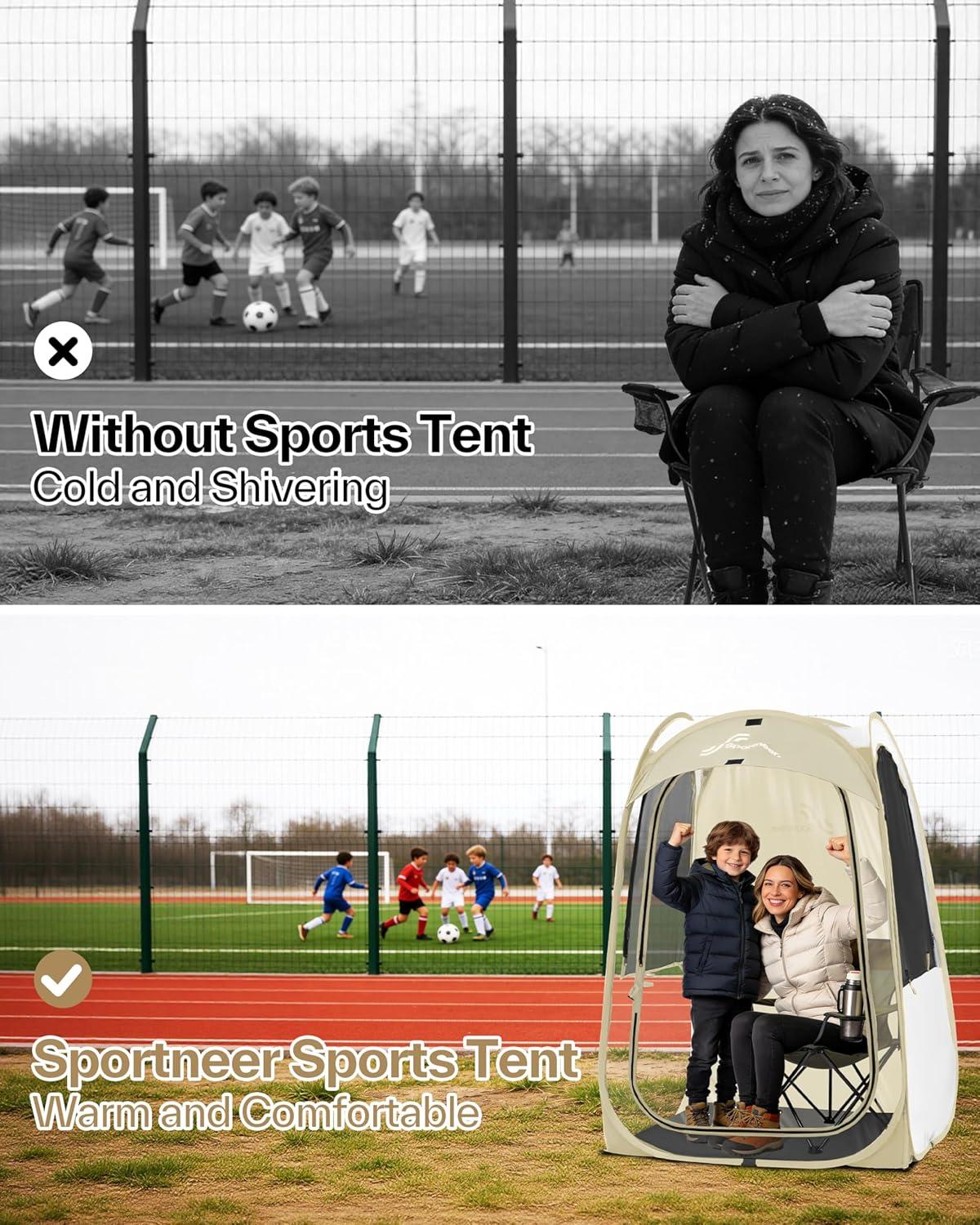 image:imageSportneer XL Pop Up Sports Tent 46 L x 46 W x 635 H Clear TPU Outdoor Shelter for 1 Adult amp 1 Child AllWeather Warm Bubble Pod with Instant Setup Wind amp Rain Protection for SpectatorsBeige