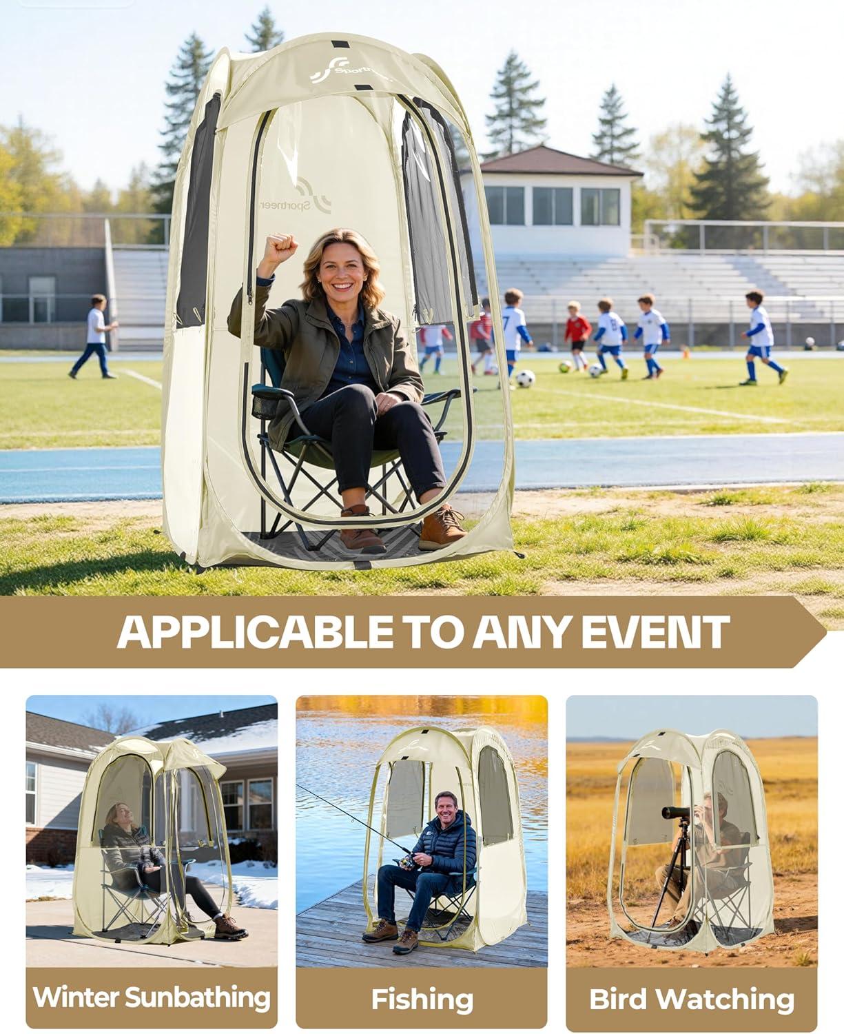 image:imageSportneer XL Pop Up Sports Tent 46 L x 46 W x 635 H Clear TPU Outdoor Shelter for 1 Adult amp 1 Child AllWeather Warm Bubble Pod with Instant Setup Wind amp Rain Protection for SpectatorsBeige