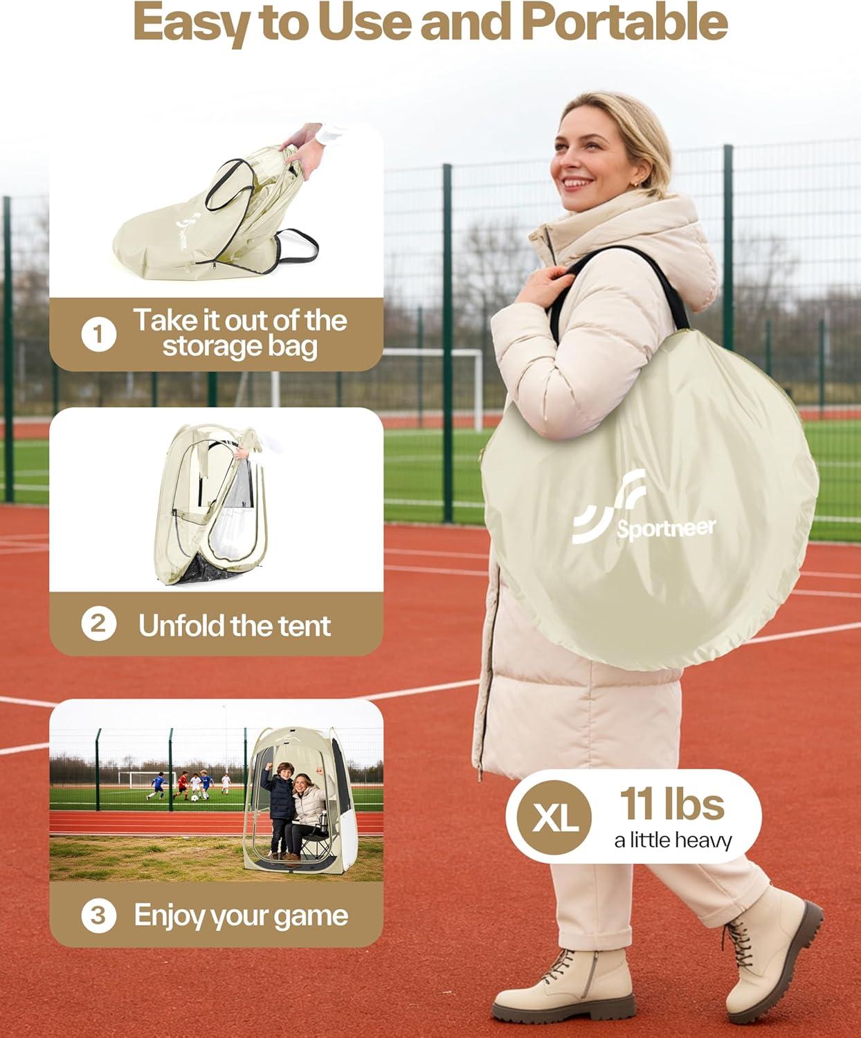 image:imageSportneer XL Pop Up Sports Tent 46 L x 46 W x 635 H Clear TPU Outdoor Shelter for 1 Adult amp 1 Child AllWeather Warm Bubble Pod with Instant Setup Wind amp Rain Protection for SpectatorsBeige
