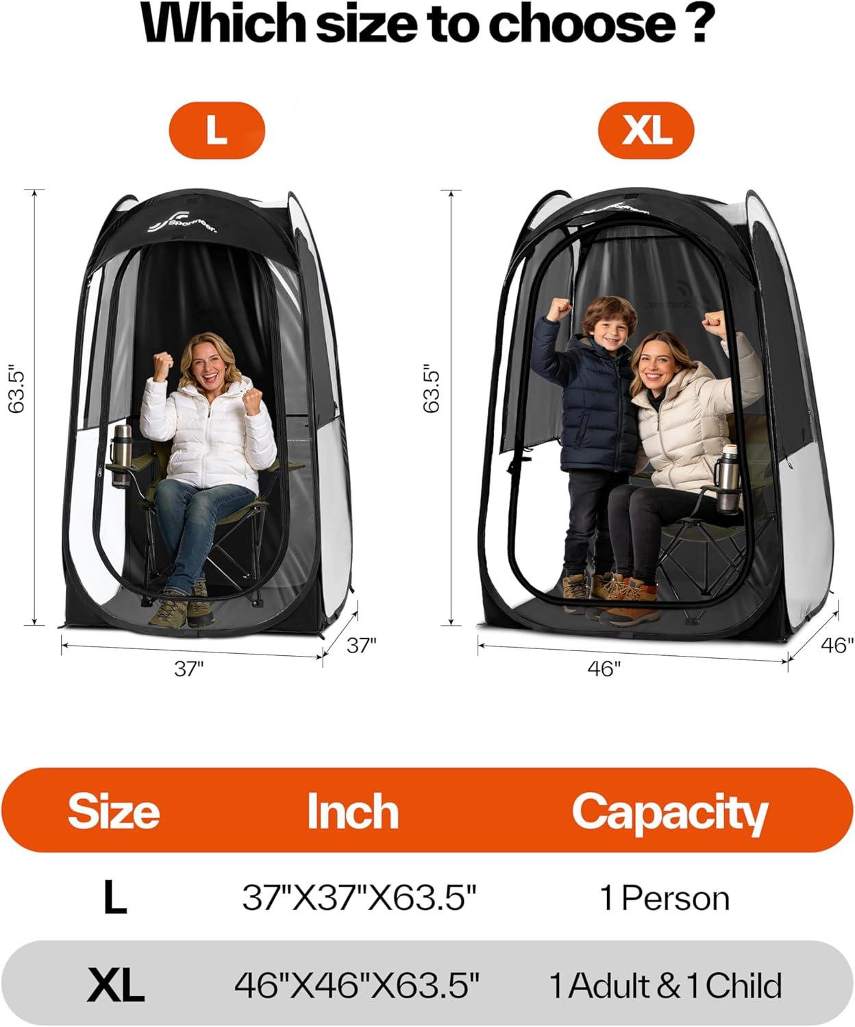 image:imageSportneer XL Pop Up Sports Tent 46 L x 46 W x 635 H Clear TPU Outdoor Shelter for 1 Adult amp 1 Child AllWeather Warm Bubble Pod with Instant Setup Wind amp Rain Protection for Spectatorsblack
