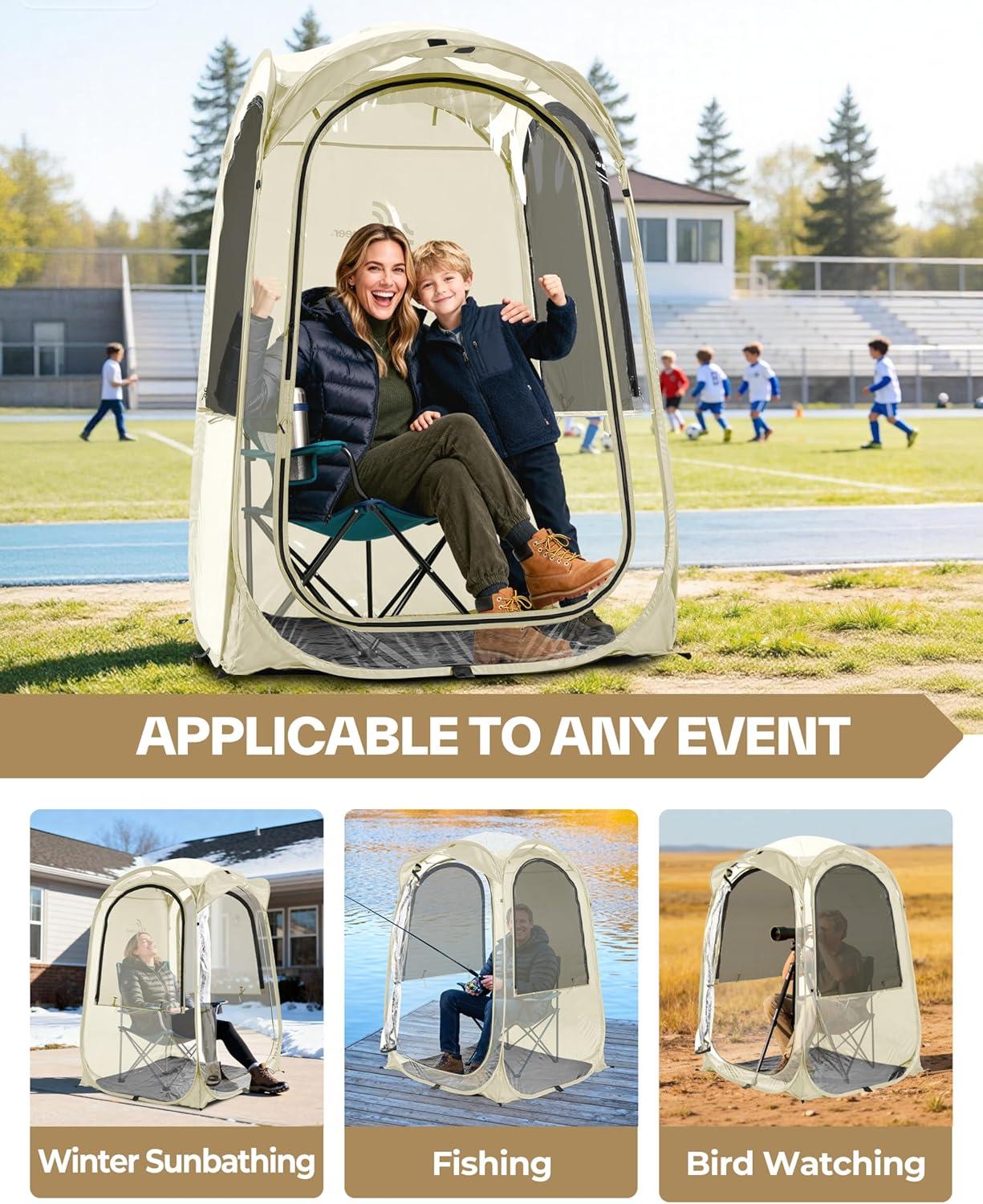 image:imageSportneer XL Pop Up Sports Tent 46 L x 46 W x 635 H Clear TPU Outdoor Shelter for 1 Adult amp 1 Child AllWeather Warm Bubble Pod with Instant Setup Wind amp Rain Protection for SpectatorsBeige