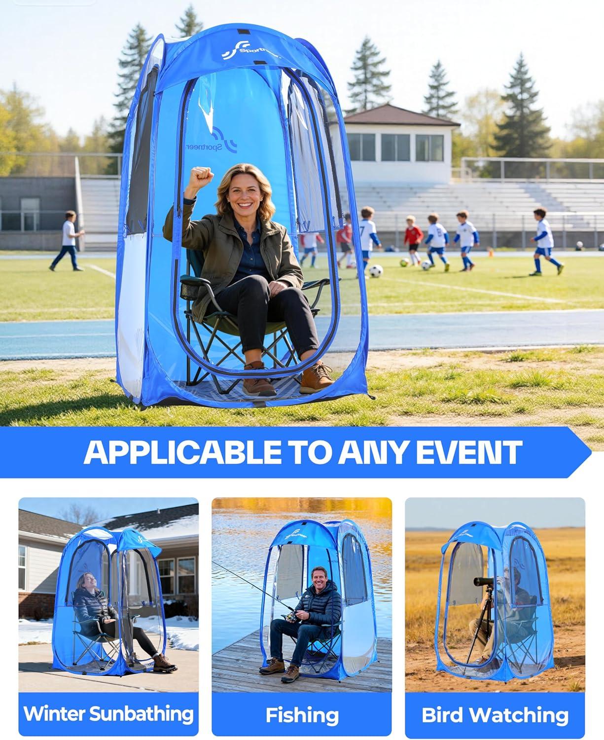 image:imageSportneer XL Pop Up Sports Tent 46 L x 46 W x 635 H Clear TPU Outdoor Shelter for 1 Adult amp 1 Child AllWeather Warm Bubble Pod with Instant Setup Wind amp Rain Protection for SpectatorsBlue
