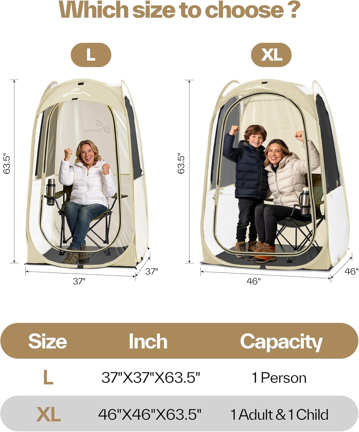 image:imageSportneer XL Pop Up Sports Tent 46 L x 46 W x 635 H Clear TPU Outdoor Shelter for 1 Adult amp 1 Child AllWeather Warm Bubble Pod with Instant Setup Wind amp Rain Protection for SpectatorsBeige