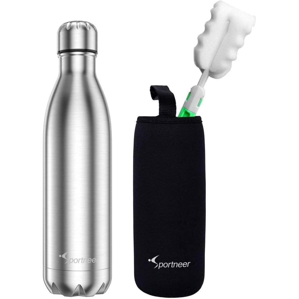 image:imageFlask Water Bottles Sportneer 17oz Insulated Stainless Steel Water Bottle Reusable Double Walled Metal Bottle Cola Shape Thermos LeakProof 24 Hours Cold 12 Hours Hot for Travel Hiking 500ml Silver