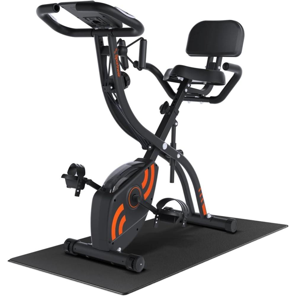 image:imageFoldable Exercise Bike Stationary Bike Sportneer 4 in 1 Indoor Cycling Bike with 16 Level Magnetic Resistance Training Bike with Arm Resistance Band PVC Floor Mat Fitness Bike for Home Gym Workout