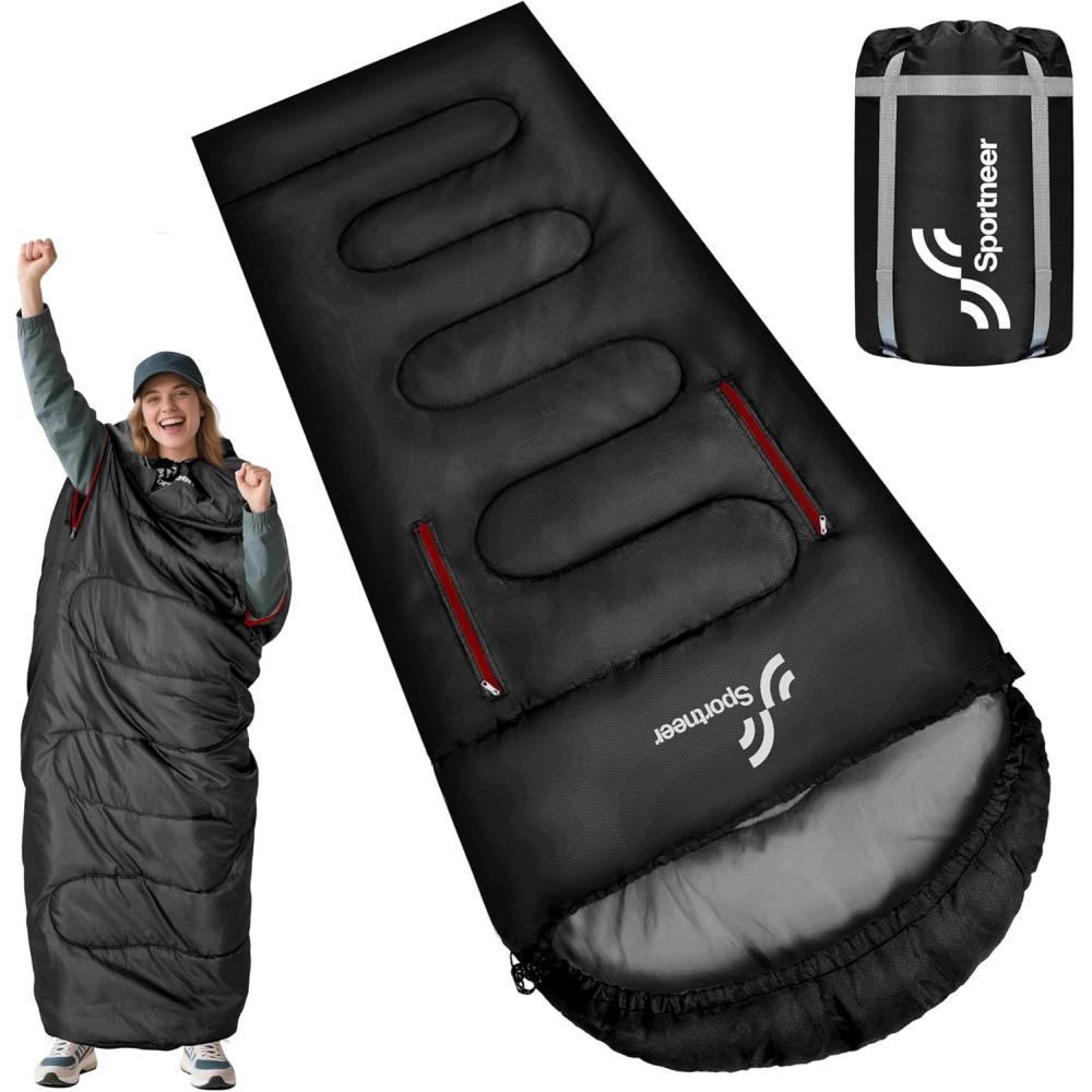 image:imageSportneer 0 Degree Wearable Sleeping Bag for Adults amp Kids Walkable with Arm Zippers Waterproof amp Warm Compact for Camping Stadiums Travel Backpacking amp Car UseBlack