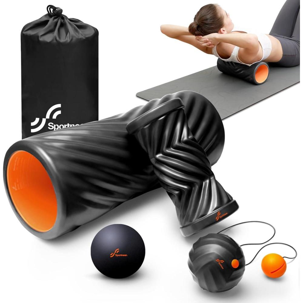 image:imageSportneer 4 in 1 Foam Roller Set Dual Textures Foam Roller Foot Roller Lacrosse Ball Traction Massage Ball with String Deep Massage Roller for Whole Body Release Physical Therapy Black