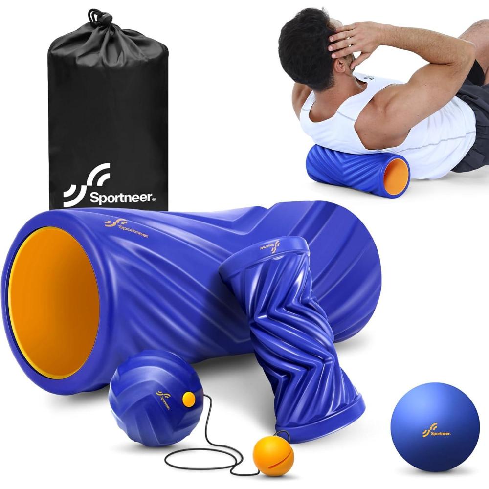 image:imageSportneer 4 in 1 Foam Roller Set Dual Textures Foam amp Foot Roller Stringed Lacrosse Ball Muscle Set for Whole Body ReleaseBlue