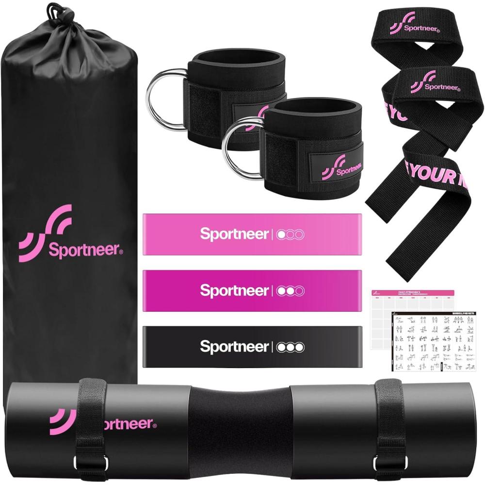 image:imageSportneer Barbell Pad Set 10 Pcs Squat Pad for Hip Thrusts Lunges Leg Day Standard Olympic Bars with 2 Ankle Straps 2 Lifting Straps 3 Resistance Bands Barbell Pad Workout Poster and Carry Bag