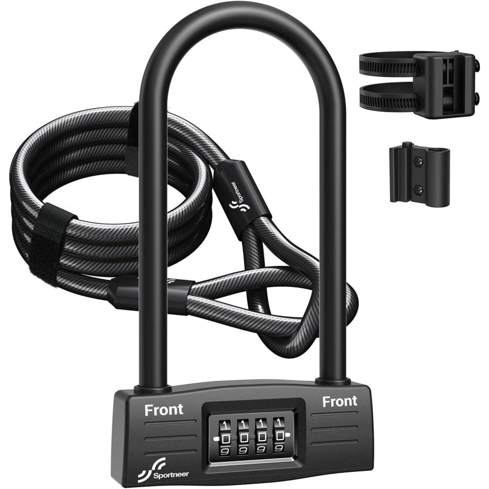 image:imageSportneer Bike Lock 14mm Keyless Combination Bike Lock with 5ft Security Steel Cable Heavy Duty Anti Theft Shackle Bicycle ULocks with Mounting Bracket for Road Mountain Electric amp Folding Bike
