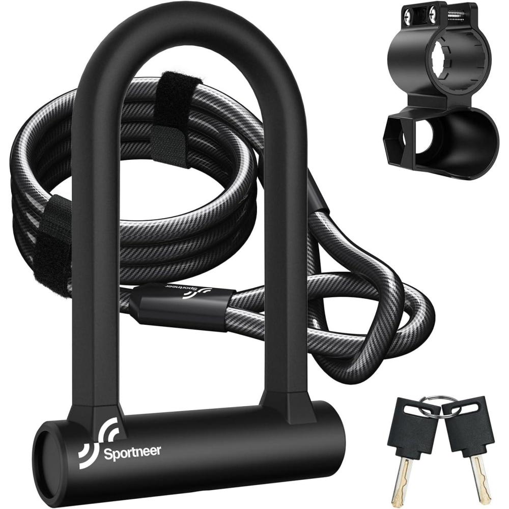 image:imageSportneer Bike Lock Heavy Duty Anti Theft Bike U Lock with 5ft Security Steel Cable 17mm Shackle Bicycle ULocks with Keys amp Sturdy Mounting Bracket for Road Mountain Electric amp Folding BikeBlack