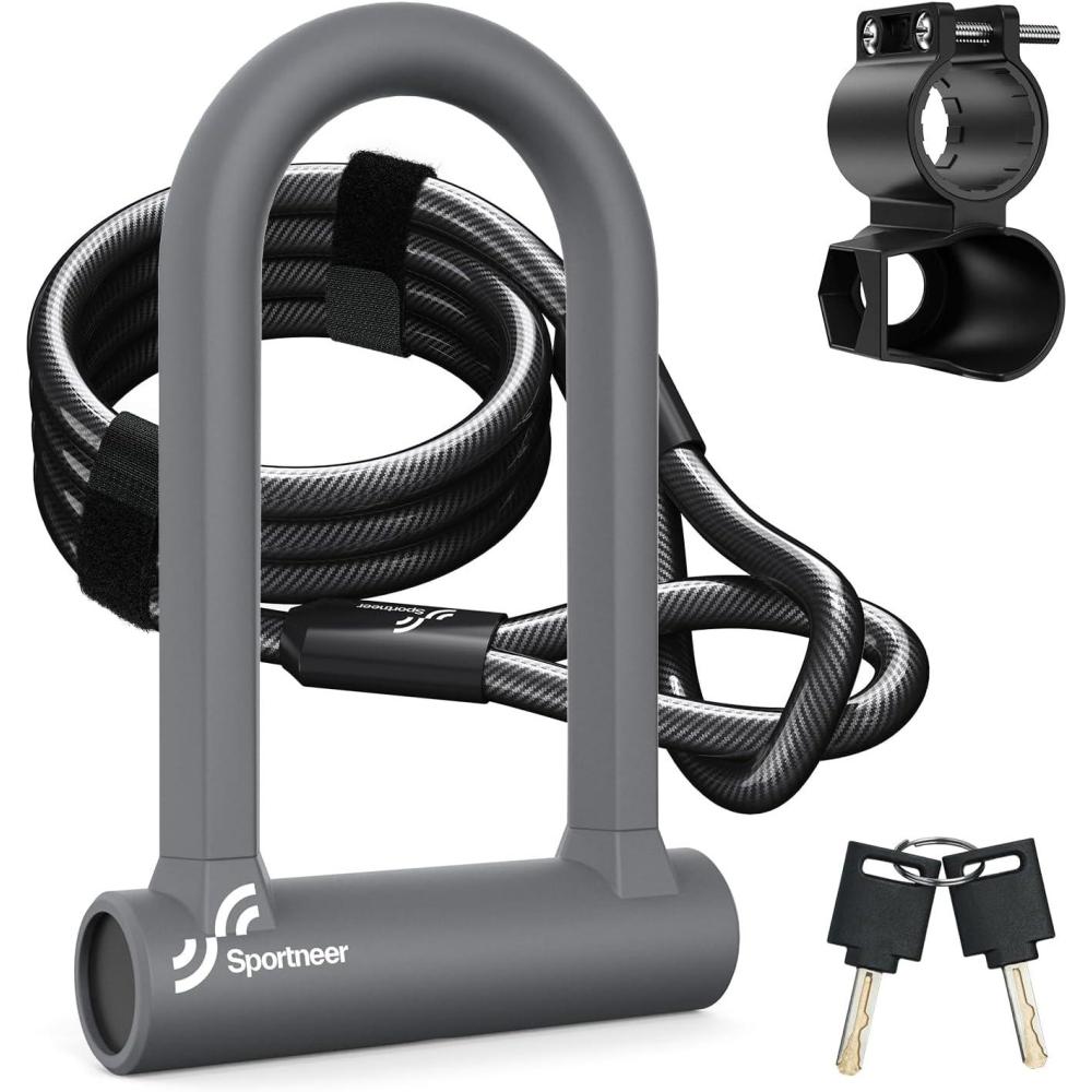image:imageSportneer Bike Lock Heavy Duty Anti Theft Bike U Lock with 5ft Security Steel Cable 17mm Shackle Bicycle ULocks with Keys amp Sturdy Mounting Bracket for Road Mountain Electric amp Folding BikeGray
