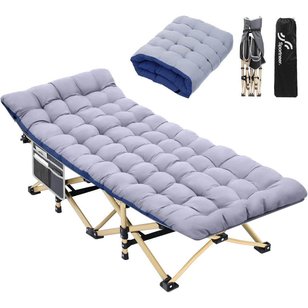 image:imageSportneer Camping Cot 1200D Double Layer Oxford Camping Cots for Adults HeavyDuty Foldable Cots for Camping Travel Tent Day Outdoor amp Home Guest Camping Cots with Mattress Carry Bag amp 2 PocketsGreygrey