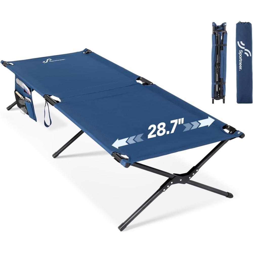 image:imageSportneer Camping Cot 783x287x146 Comfort Cot Bed for Camping Traveling Guest Bed Sleeping Cots for Adults with Side Pockets amp Storage Bag Ease of Assembly Support 330 LbsBlue