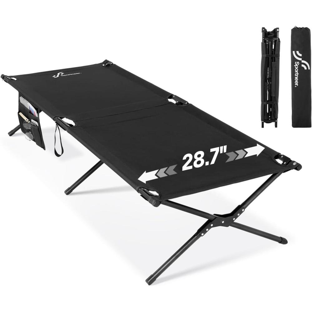 image:imageSportneer Camping Cot 783x287x146 Comfort Cot Bed for Camping Traveling Guest Bed Sleeping Cots for Adults with Side Pockets amp Storage Bag  Ease of Assembly Support 330 LbsBlack