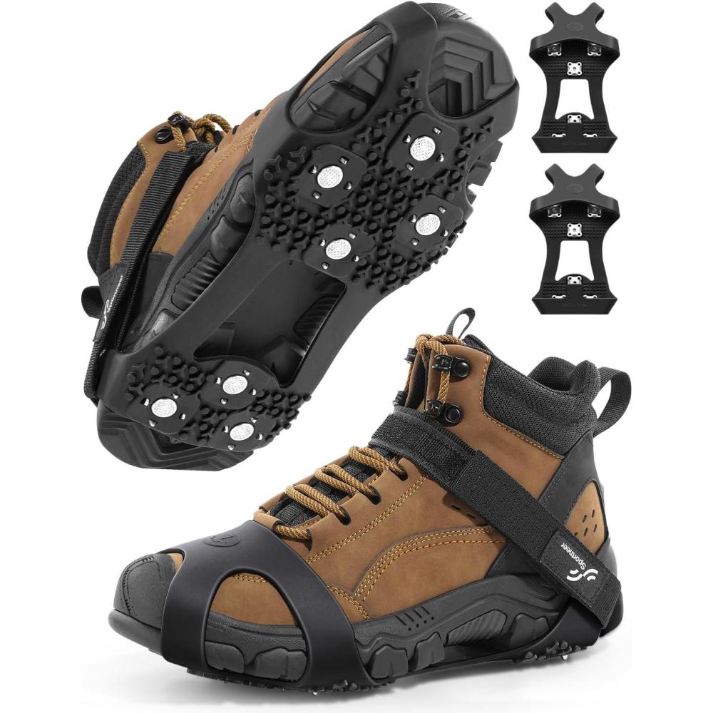 image:imageSportneer Crampons Ice Cleats for Shoes and Boots with 28 Spikes Traction Slipon Stretch Footwear for Walking and Shoveling on Ice and Snow Lightweight for Women and MenBlack