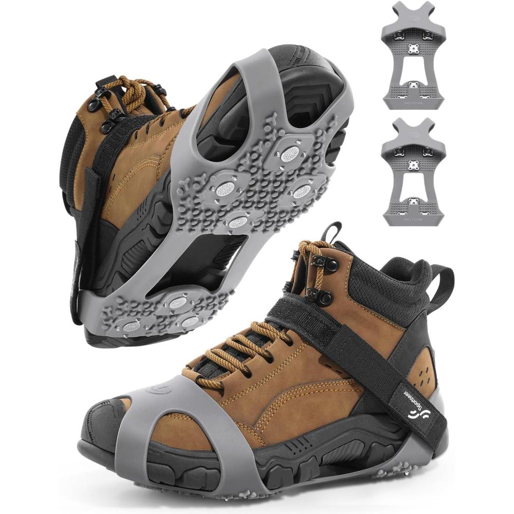 image:imageSportneer Crampons Ice Cleats for Shoes and Boots with 28 Spikes Traction Slipon Stretch Footwear for Walking and Shoveling on Ice and Snow Lightweight for Women and MenGrey