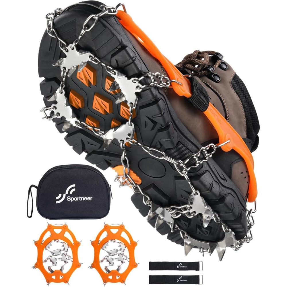 image:imageSportneer Crampons Ice Cleats for Shoes and Boots with 28 Spikes  Traction Slipon Stretch Footwear for Walking and Shoveling on Ice and SnowOrange