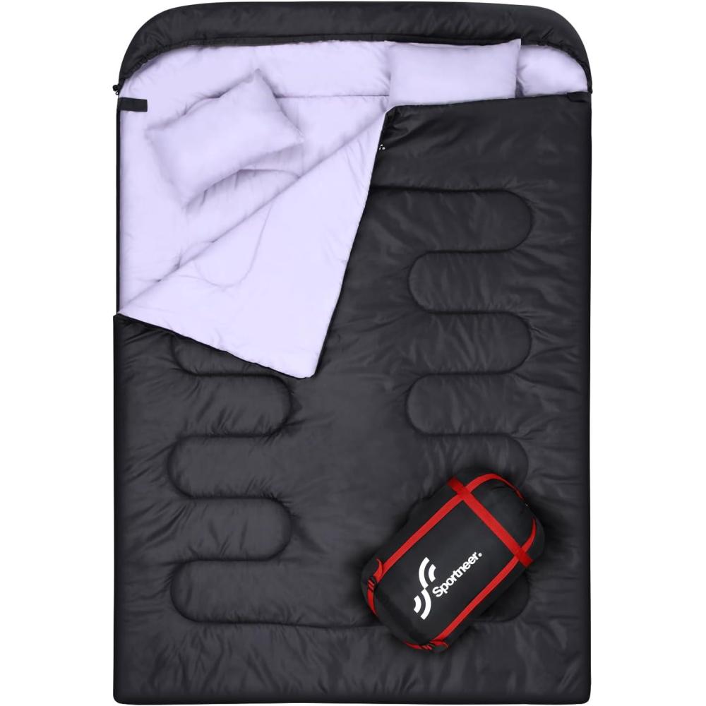 image:imageSportneer Double Sleeping Bag Queen Size 2 Person All Season for Warm amp Cold Weather Camping Sleeping Bag with 2 Pillows Waterproof Lightweight Large Size 866 x 59Black