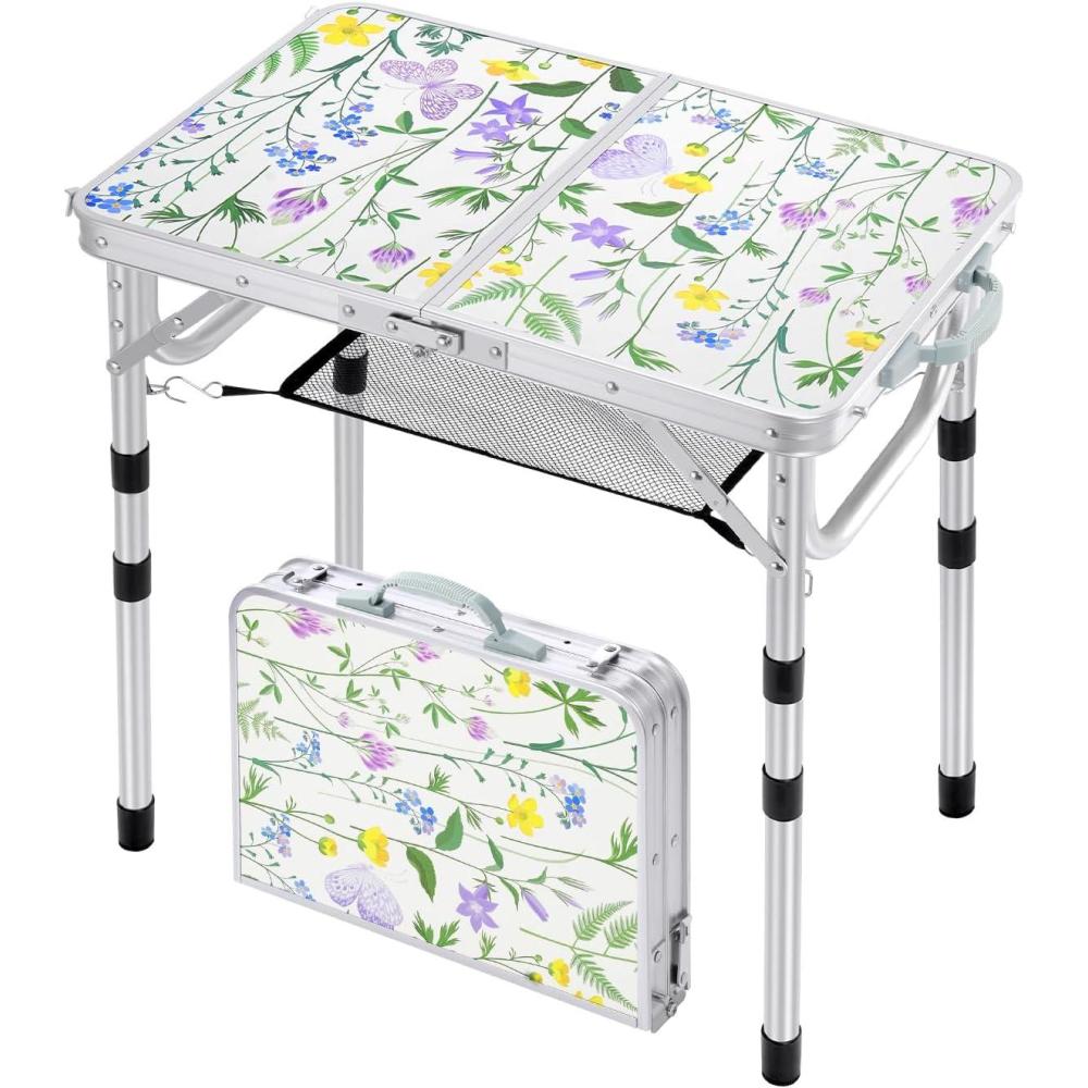 image:imageSportneer Folding Table Adjustable Height Camping Essentials 354 L x 236 W 2 Height with Mesh Layer Compact amp Portable Small Folding Table for Outdoor Camp Garden Picnic BBQ Dining CookingPurple