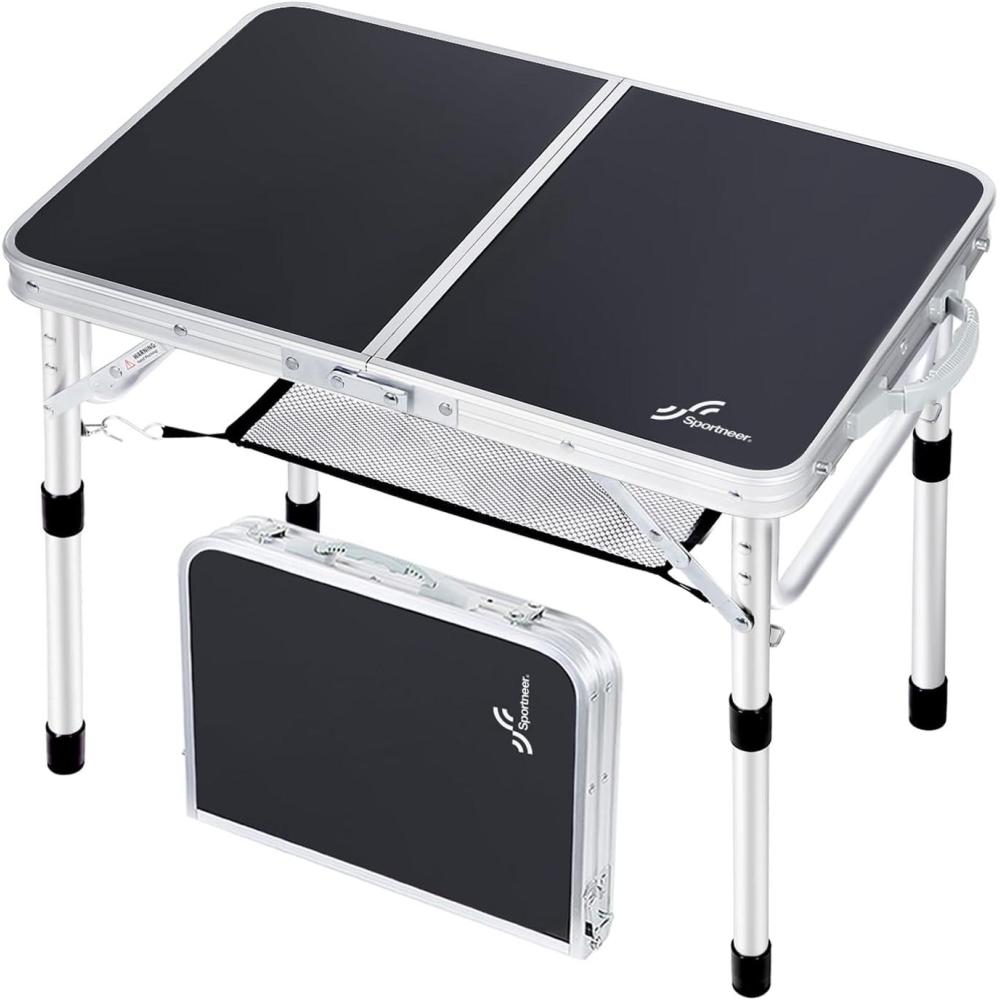 image:imageSportneer Folding Table Adjustable Height Camping Essentials 354 L x 236 W 2 Height with Mesh Layer Compact amp Portable Small Folding Table for Outdoor Camp Garden Picnic BBQ Dining CookingBlack