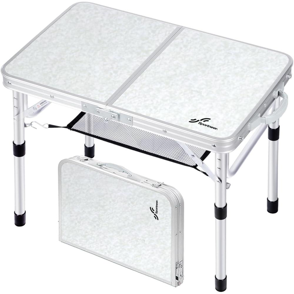 image:imageSportneer Folding Table Adjustable Height Camping Essentials 354 L x 236 W 2 Height with Mesh Layer Compact amp Portable Small Folding Table for Outdoor Camp Garden Picnic BBQ Dining CookingWhite
