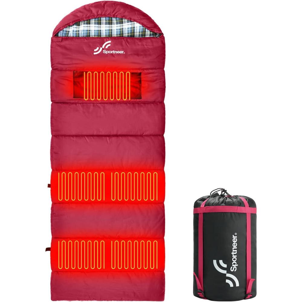 image:imageSportneer Heated Sleeping Bag with 5 Heating Zones Warm Flannel Cold Weather Sleeping Bag for Adults 3 Heat Levels USB Powered Power Bank Not Included Winter Camping amp Outdoor HikingRosa Red