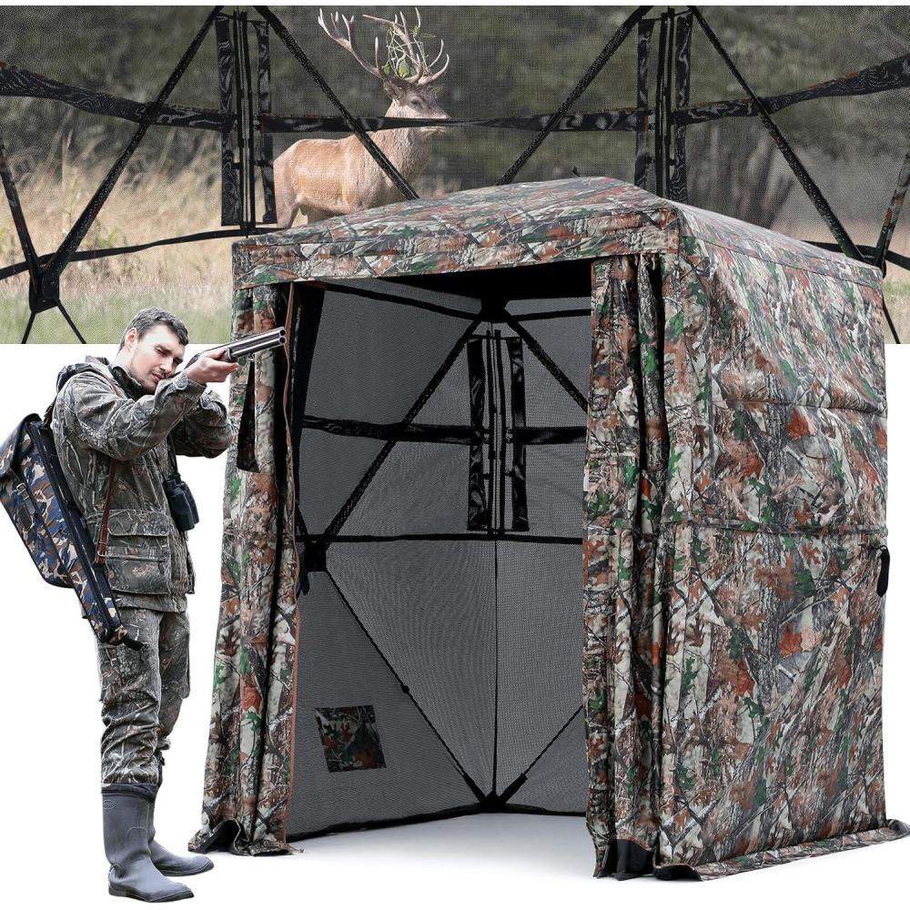 image:imageSportneer Hunting Blind 270 Degree See Through Ground Blind with Silent Sliding Door amp Windows for Deer Hunting 23 Person Pop Up Ground Blind for Turkey and Deer with Carrying Bag